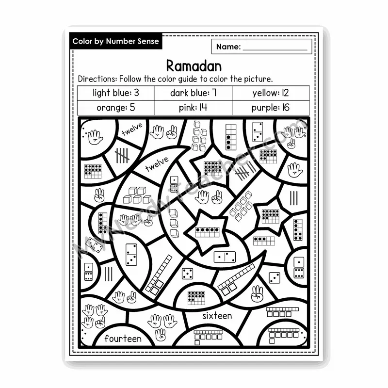 Ramadan Color by Number Sense — Numbers to 20 Worksheet (Set 1)