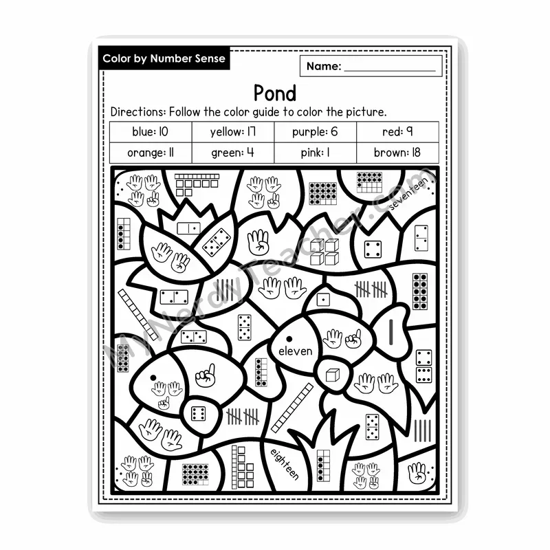 Pond Color by Number Sense — Numbers to 20 Worksheet (Set 8)