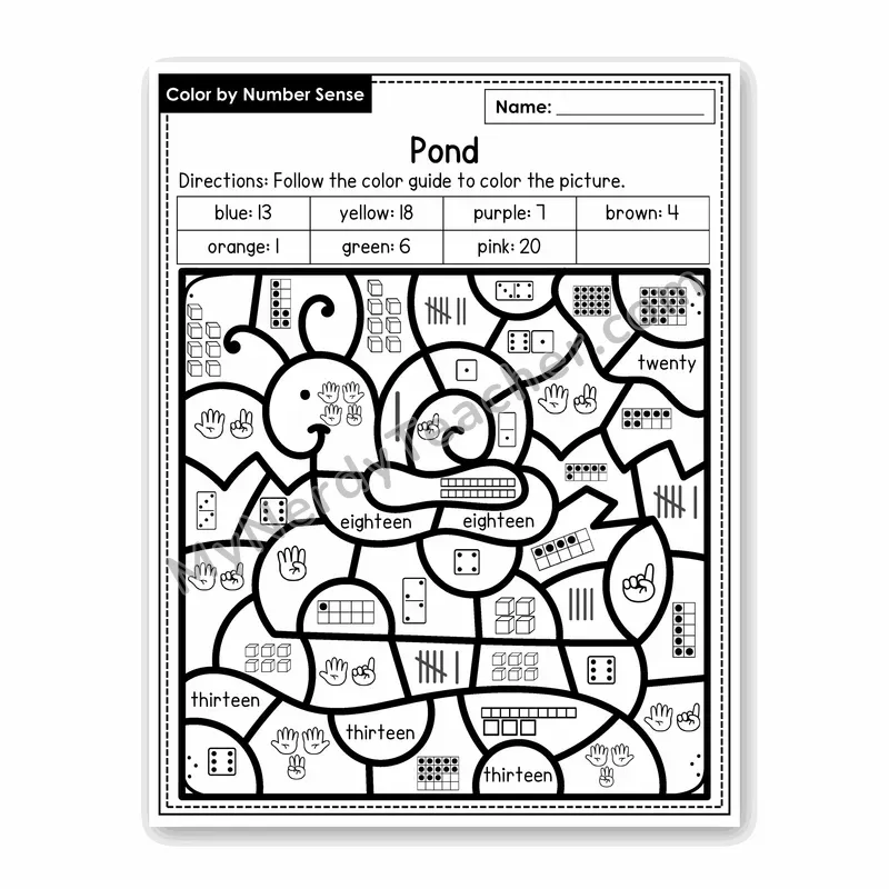 Pond Color by Number Sense — Numbers to 20 Worksheet (Set 7)
