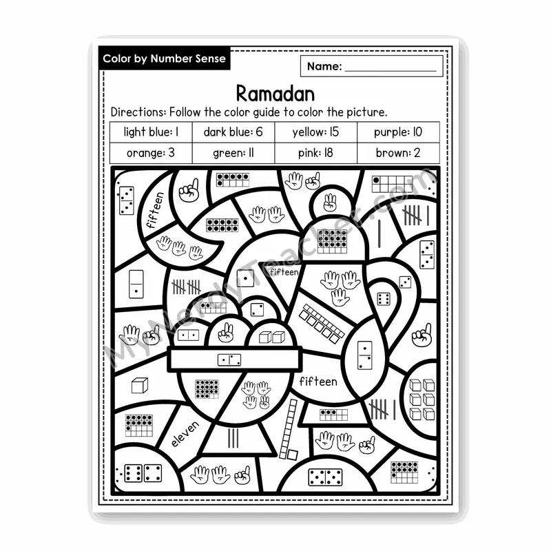 Ramadan Color by Number Sense — Numbers to 20 Worksheet (Set 3)