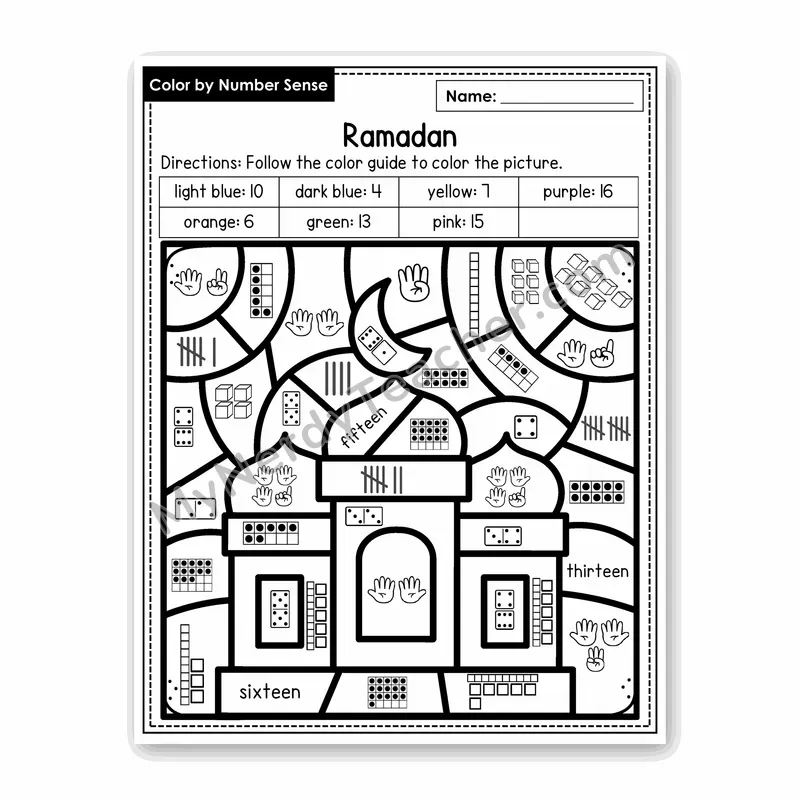 Ramadan Color by Number Sense — Numbers to 20 Worksheet (Set 5)