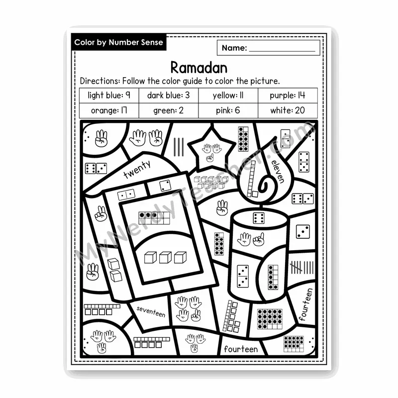 Ramadan Color by Number Sense — Numbers to 20 Worksheet (Set 4)