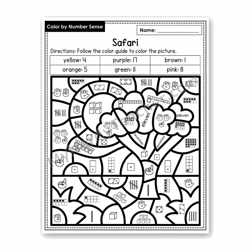 Safari Color by Number Sense — Numbers to 20 Worksheet (Set 1)