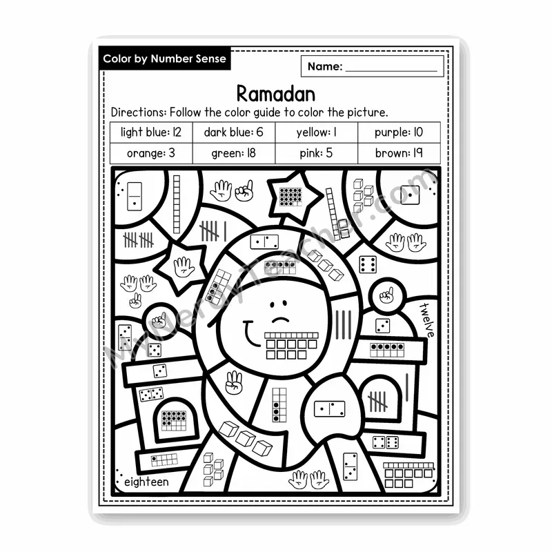 Ramadan Color by Number Sense — Numbers to 20 Worksheet (Set 6)
