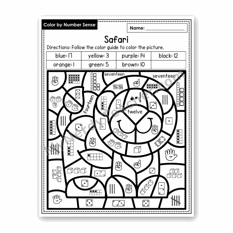 Safari Color by Number Sense — Numbers to 20 Worksheet (Set 2)