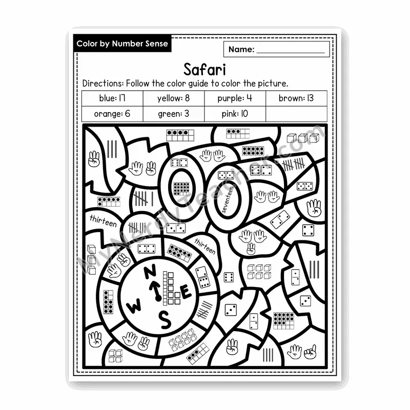 Safari Color by Number Sense — Numbers to 20 Worksheet (Set 5)