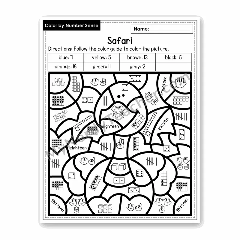 Safari Color by Number Sense — Numbers to 20 Worksheet (Set 4)