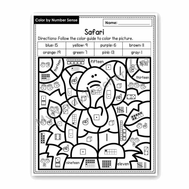 Safari Color by Number Sense — Numbers to 20 Worksheet (Set 6)