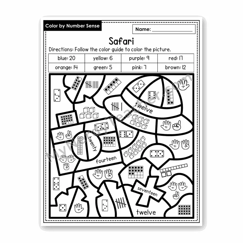 Safari Color by Number Sense — Numbers to 20 Worksheet (Set 7)