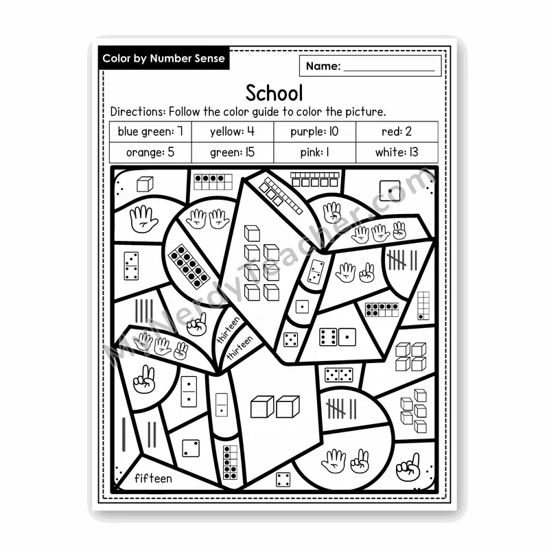 School Color by Number Sense — Numbers to 20 Worksheet (Set 2)