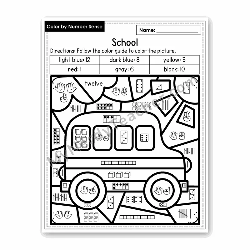 School Color by Number Sense — Numbers to 20 Worksheet (Set 3)