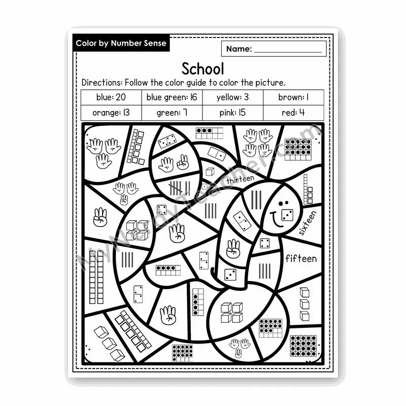School Color by Number Sense — Numbers to 20 Worksheet (Set 1)