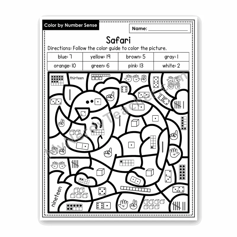 Safari Color by Number Sense — Numbers to 20 Worksheet (Set 8)