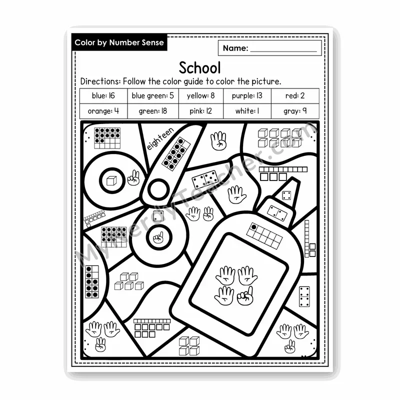 School Color by Number Sense — Numbers to 20 Worksheet (Set 6)