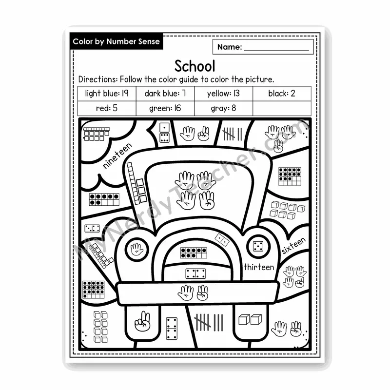 School Color by Number Sense — Numbers to 20 Worksheet (Set 4)