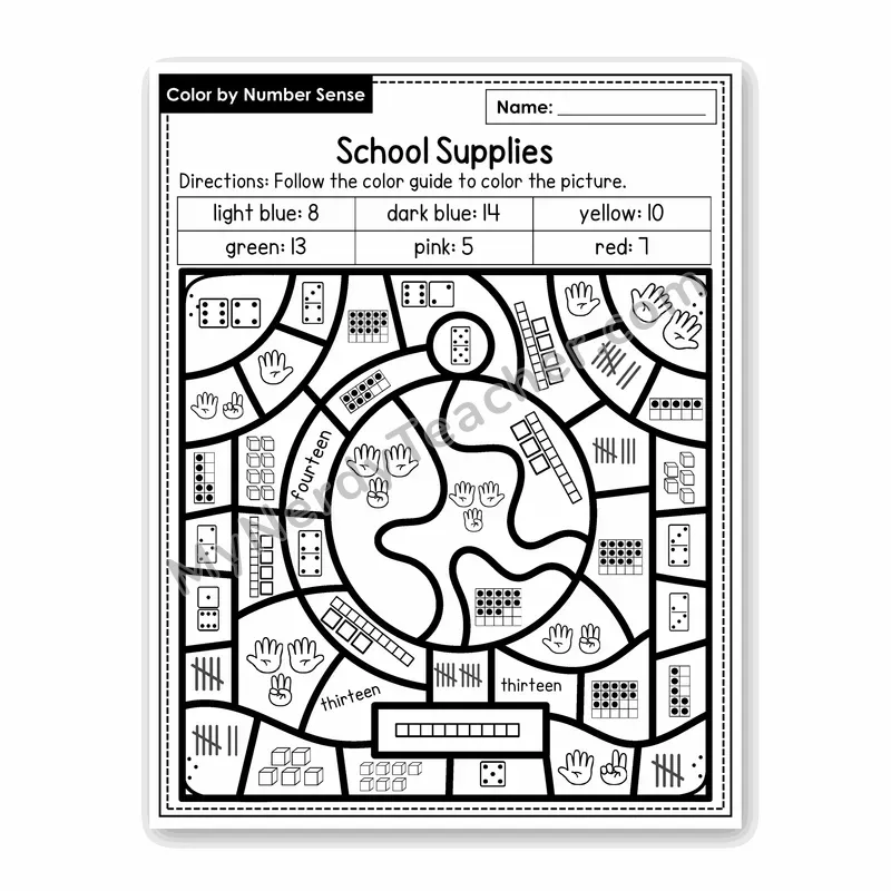 School Supplies Color by Number Sense — Numbers to 20 Worksheet (Set 1)