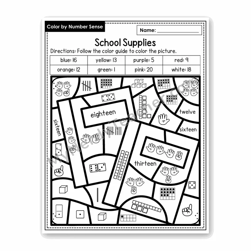 School Supplies Color by Number Sense — Numbers to 20 Worksheet (Set 2)