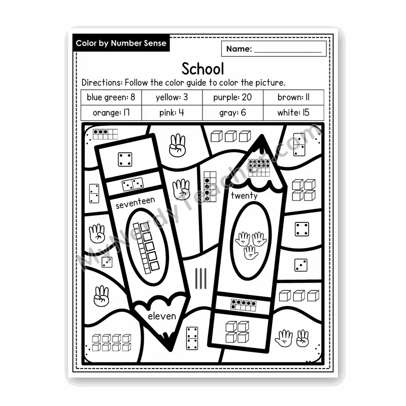 School Color by Number Sense — Numbers to 20 Worksheet (Set 5)