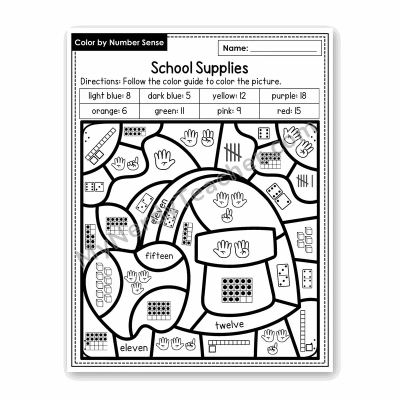 School Supplies Color by Number Sense — Numbers to 20 Worksheet (Set 4)