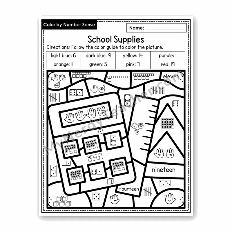 School Supplies Color by Number Sense — Numbers to 20 Worksheet (Set 5)