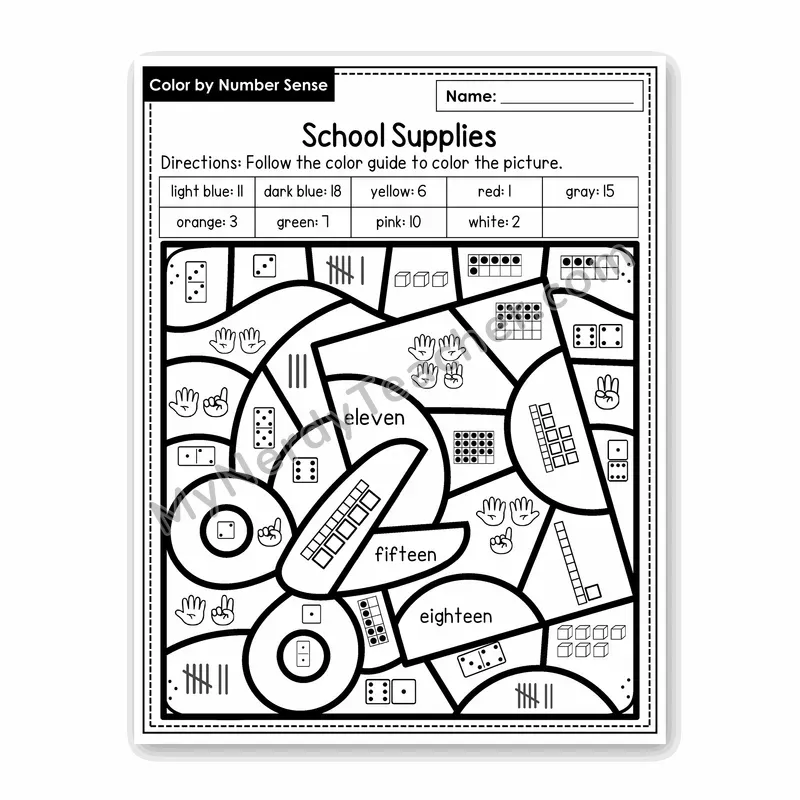 School Supplies Color by Number Sense — Numbers to 20 Worksheet (Set 7)