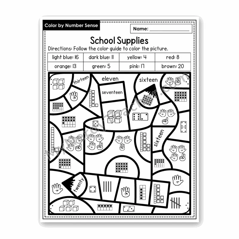 School Supplies Color by Number Sense — Numbers to 20 Worksheet (Set 6)