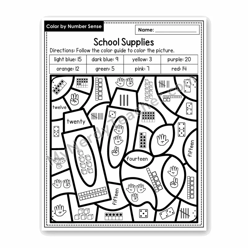 School Supplies Color by Number Sense — Numbers to 20 Worksheet (Set 3)
