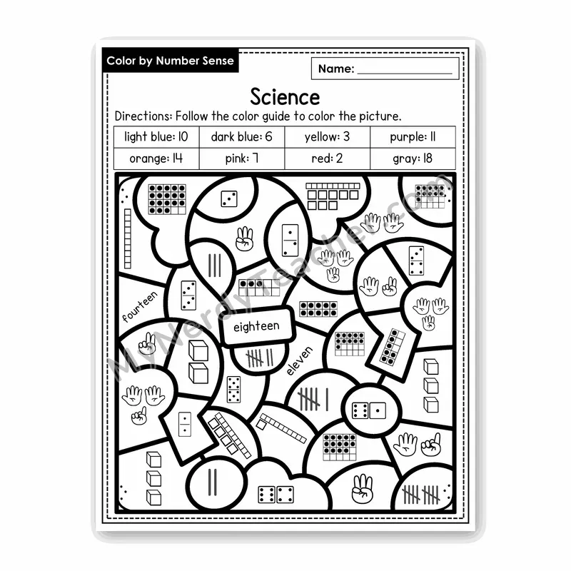 Science Color by Number Sense — Numbers to 20 Worksheet (Set 1)