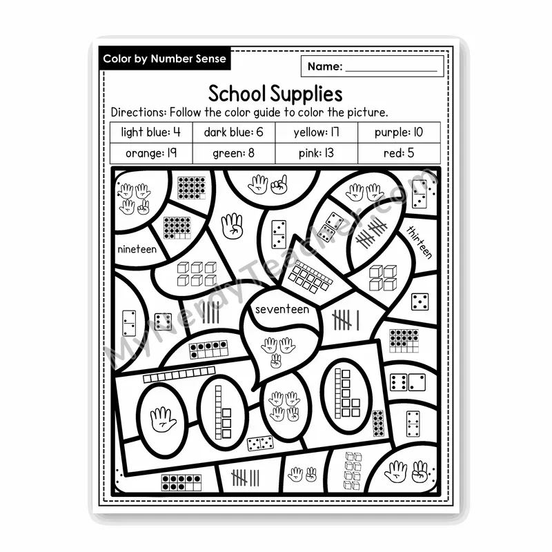 School Supplies Color by Number Sense — Numbers to 20 Worksheet (Set 8)