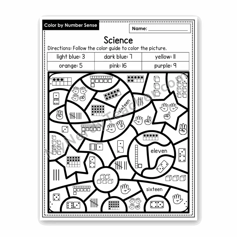 Science Color by Number Sense — Numbers to 20 Worksheet (Set 2)