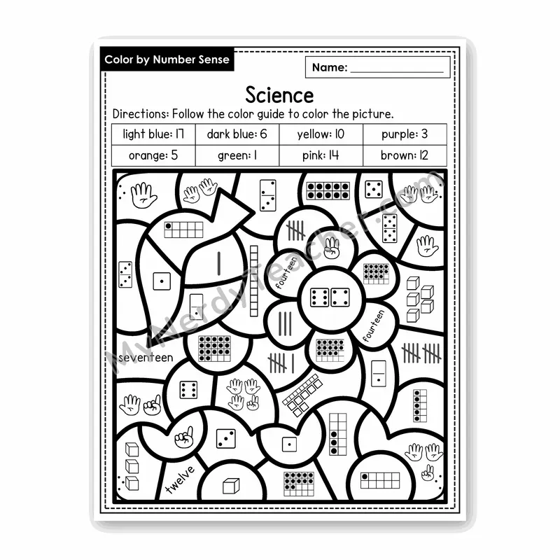 Science Color by Number Sense — Numbers to 20 Worksheet (Set 3)