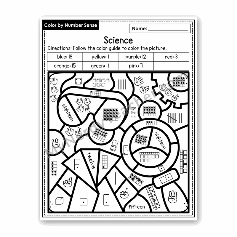 Science Color by Number Sense — Numbers to 20 Worksheet (Set 8)