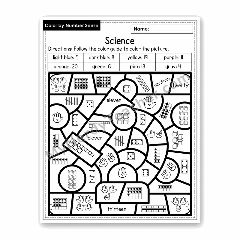 Science Color by Number Sense — Numbers to 20 Worksheet (Set 7)