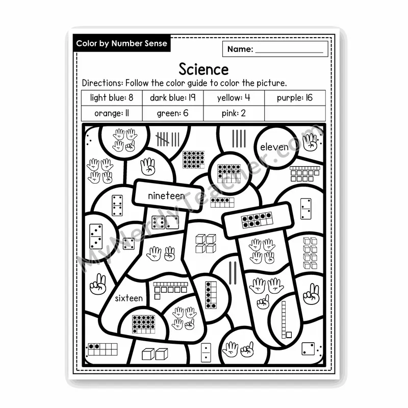 Science Color by Number Sense — Numbers to 20 Worksheet (Set 6)
