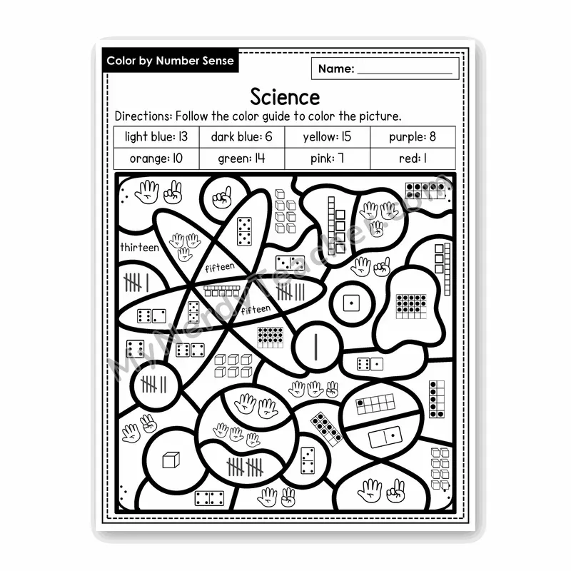 Science Color by Number Sense — Numbers to 20 Worksheet (Set 5)