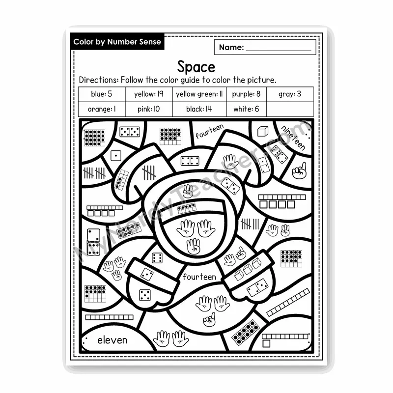 Space Color by Number Sense — Numbers to 20 Worksheet (Set 1)