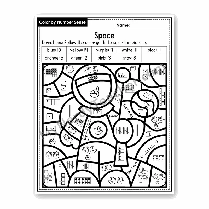 Space Color by Number Sense — Numbers to 20 Worksheet (Set 5)