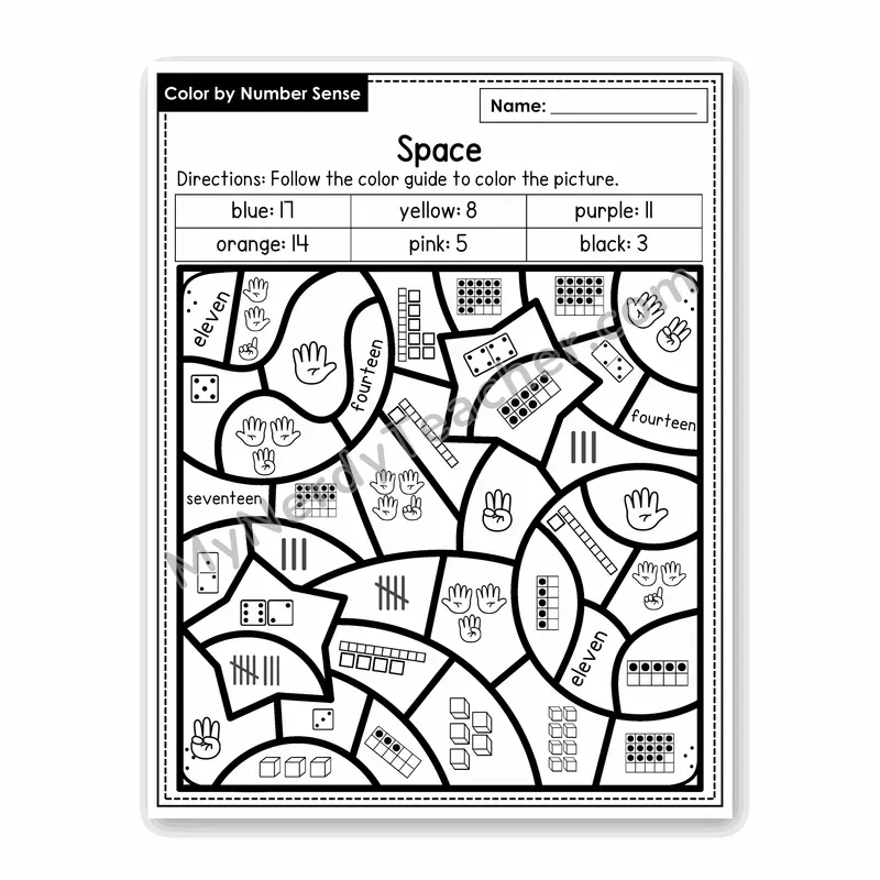 Space Color by Number Sense — Numbers to 20 Worksheet (Set 6)