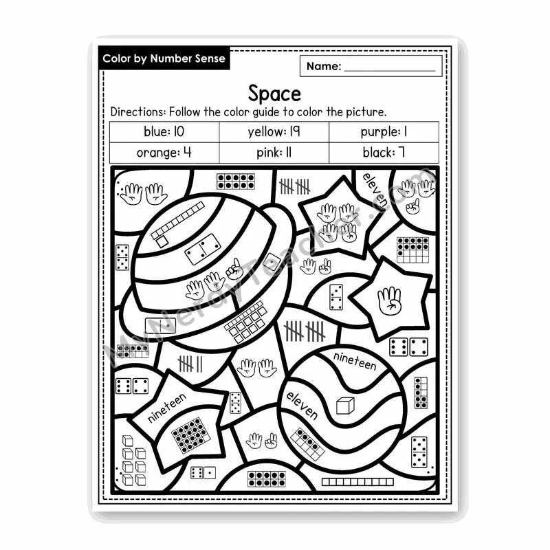 Space Color by Number Sense — Numbers to 20 Worksheet (Set 2)