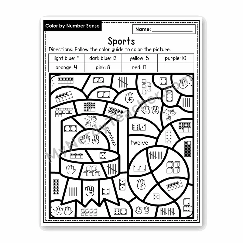 Sports Color by Number Sense — Numbers to 20 Worksheet (Set 2)