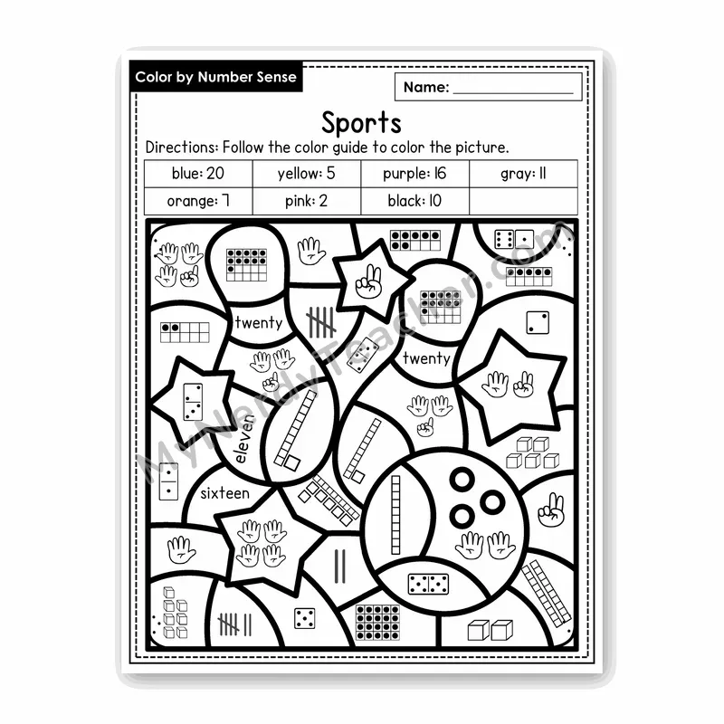 Sports Color by Number Sense — Numbers to 20 Worksheet (Set 3)