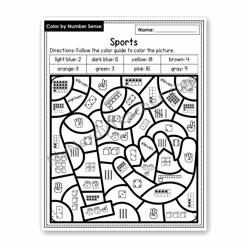 Sports Color by Number Sense — Numbers to 20 Worksheet (Set 1)