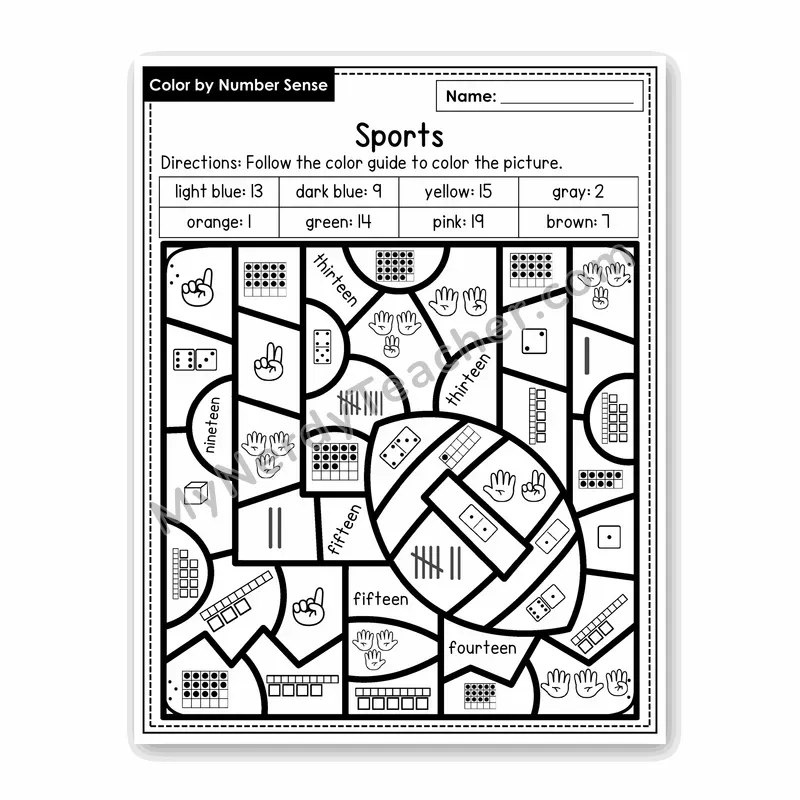 Sports Color by Number Sense — Numbers to 20 Worksheet (Set 4)
