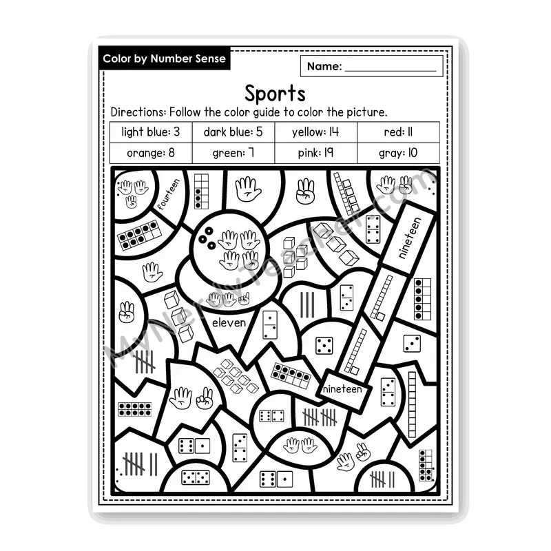 Sports Color by Number Sense — Numbers to 20 Worksheet (Set 5)