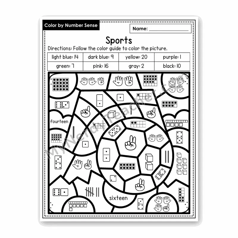 Sports Color by Number Sense — Numbers to 20 Worksheet (Set 7)