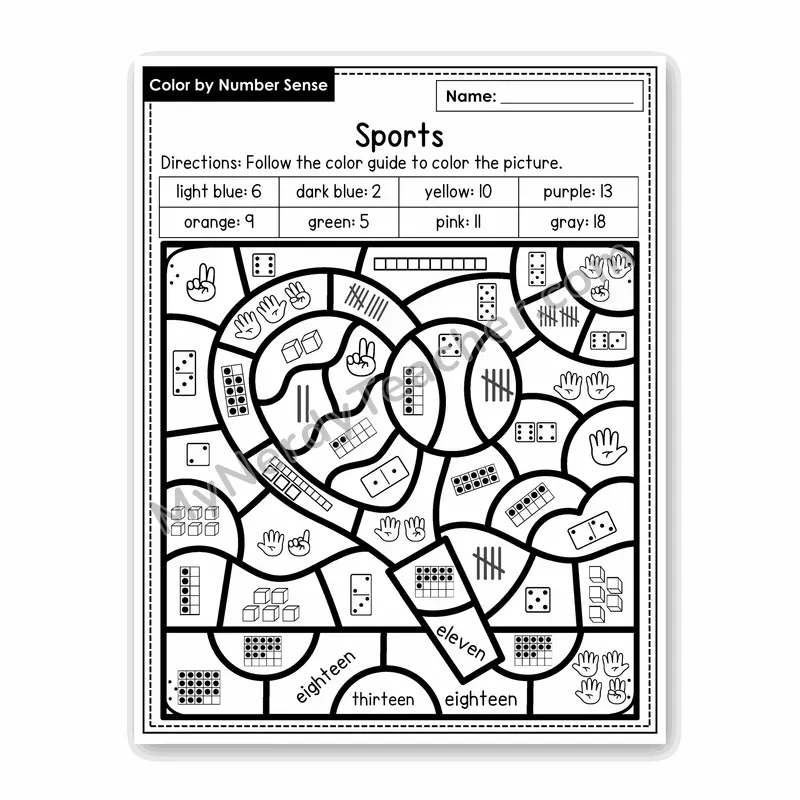 Sports Color by Number Sense — Numbers to 20 Worksheet (Set 8)