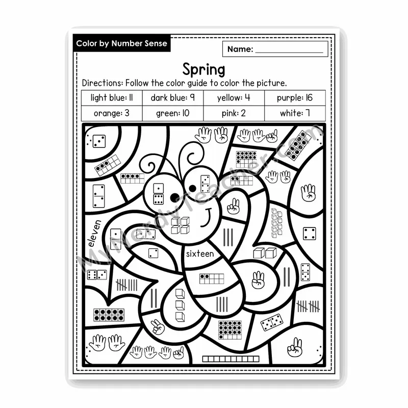 Spring Color by Number Sense — Numbers to 20 Worksheet (Set 2)