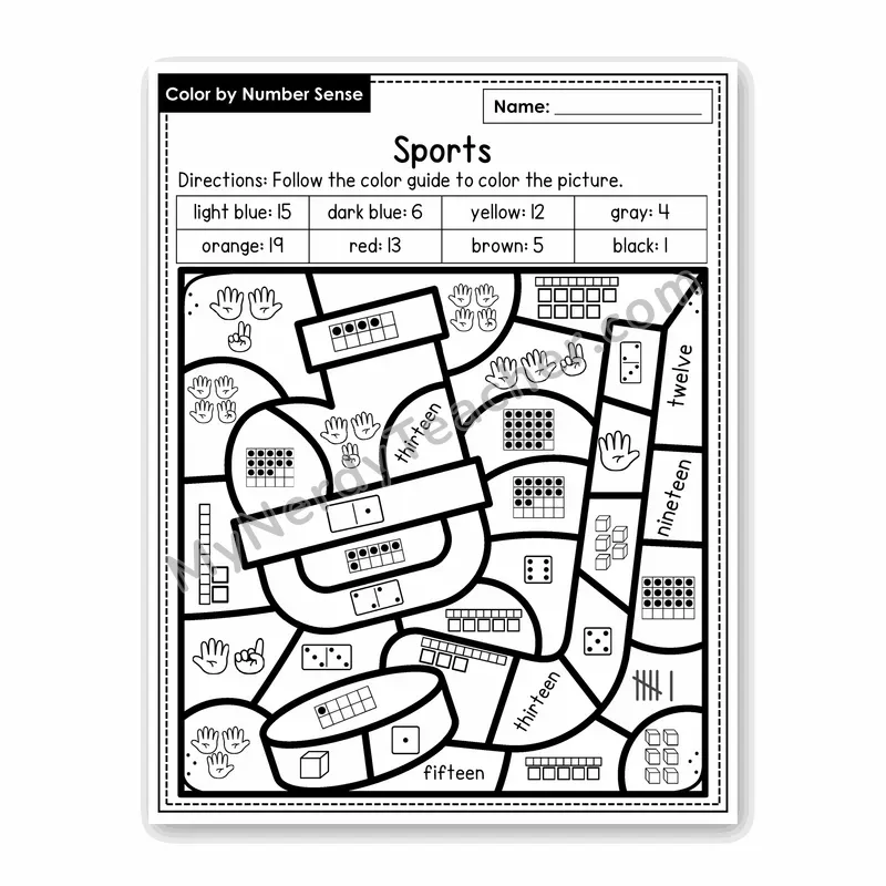 Sports Color by Number Sense — Numbers to 20 Worksheet (Set 6)