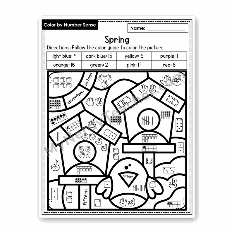 Spring Color by Number Sense — Numbers to 20 Worksheet (Set 1)