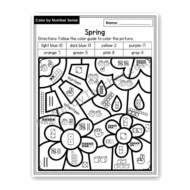 Spring Color by Number Sense — Numbers to 20 Worksheet (Set 7)